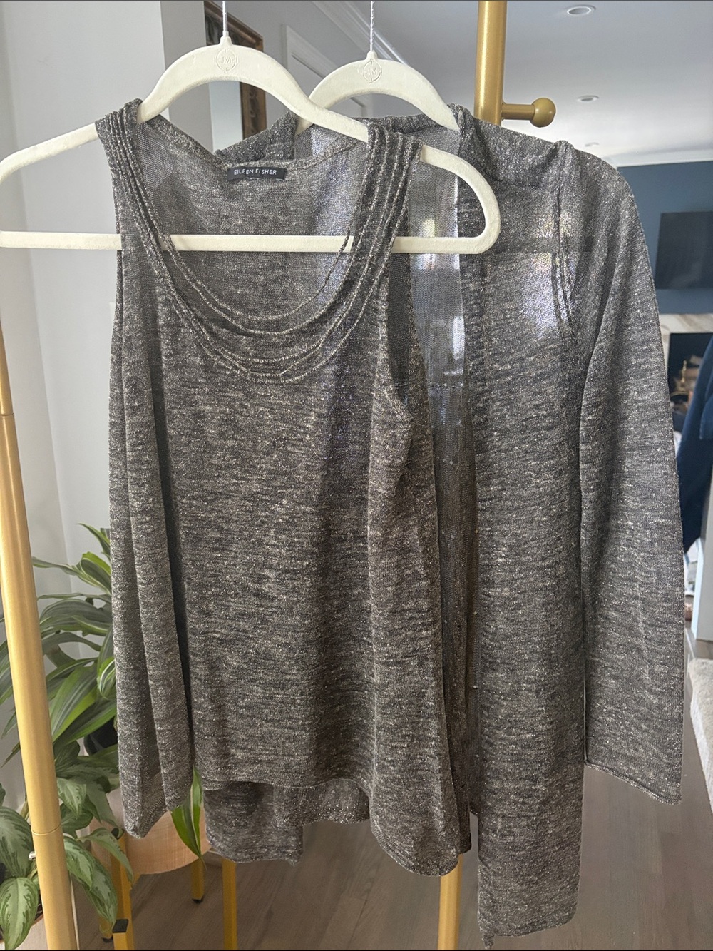 Eileen Fisher Silver-Gray Metallic Knit Tank and Cardigan Set